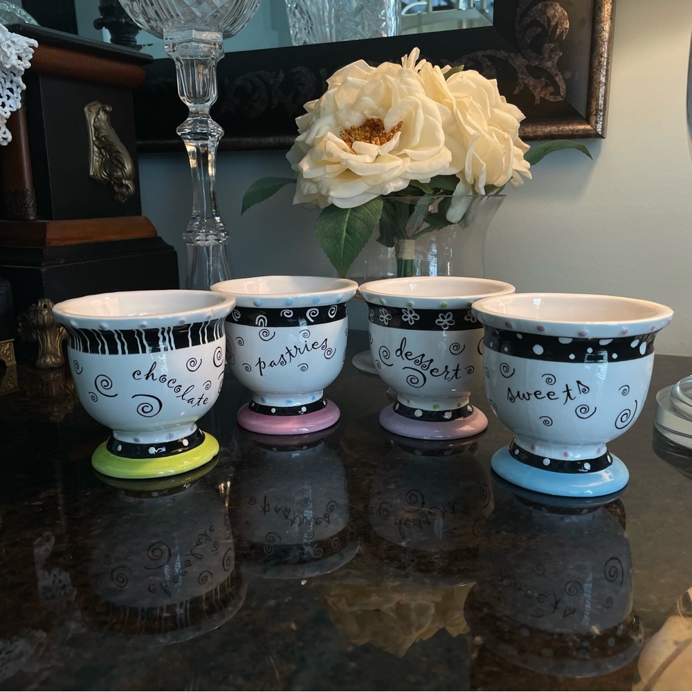 Whimsical Script Ceramic Tea:Dessert Cups - Pastel Accent Bases (Set of 4)